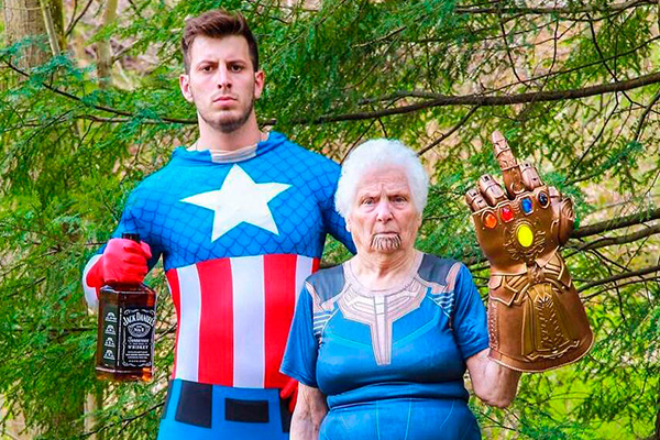 93-year-old grandmother and her grandson wear ridiculous costumes for absurd scenes